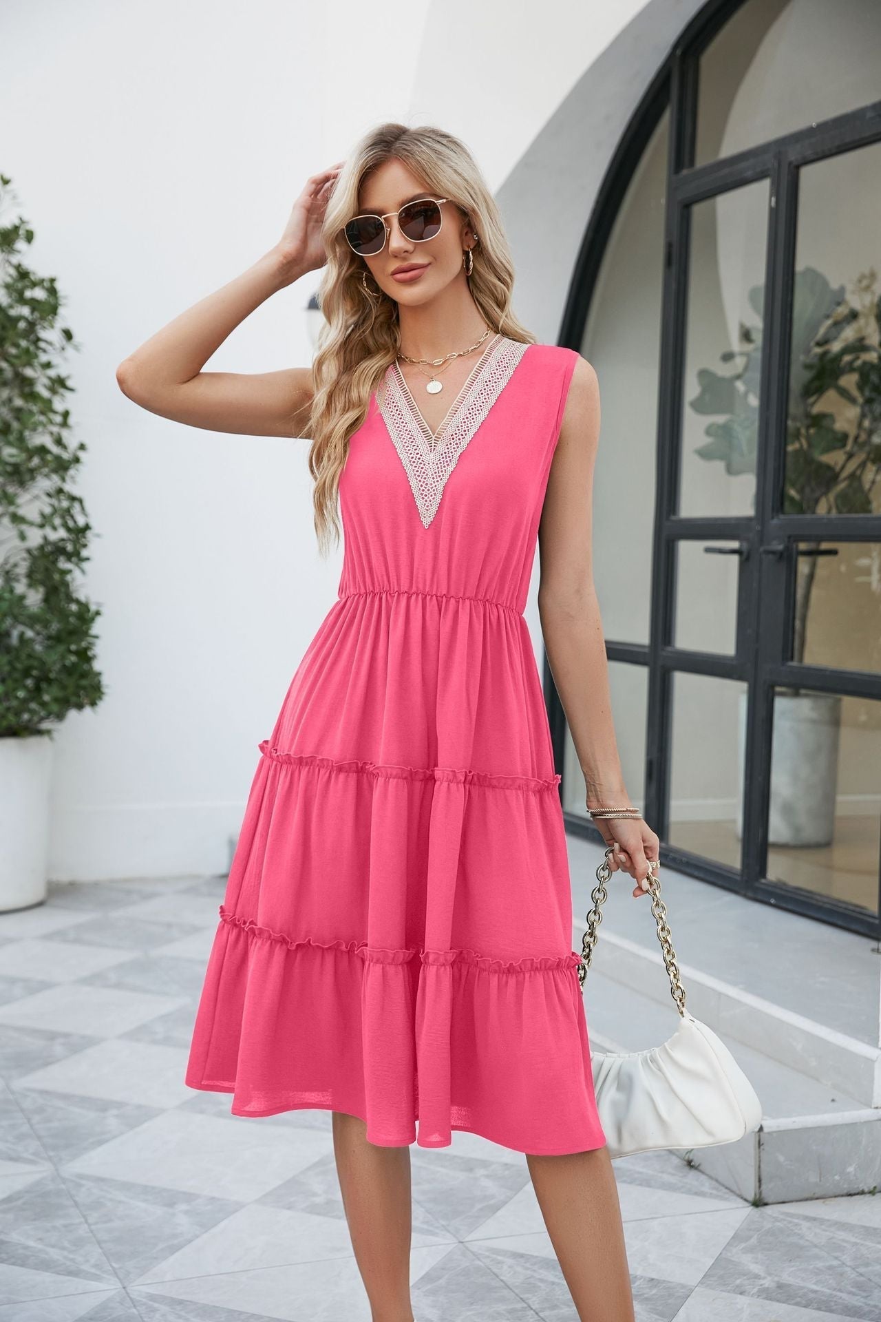 V-neck Sleeveless Pleated Ruffle Elegant Dress | GlamzLife