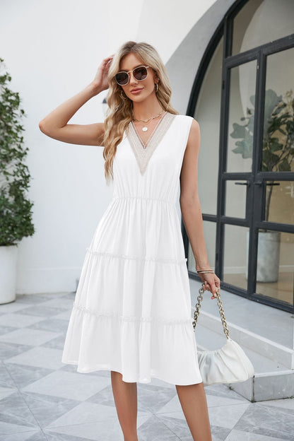 V-neck Sleeveless Pleated Ruffle Elegant Dress | GlamzLife