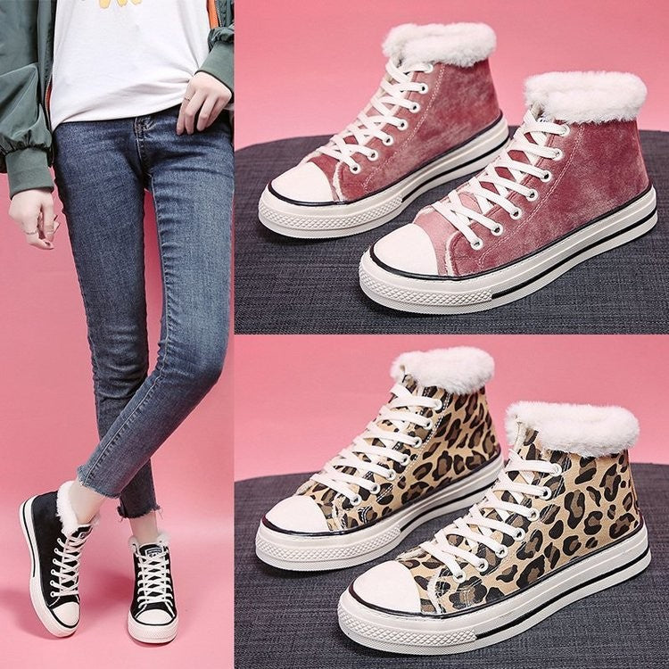 Velvet Thick Leopard Print Women's Sneakers | GlamzLife