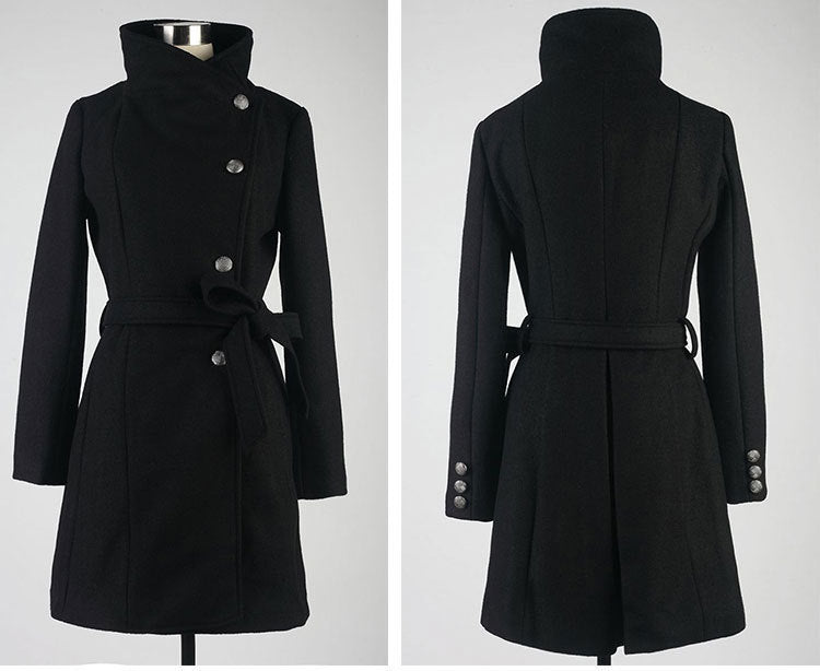 Women's Solid Color Mid Length Woolen Coat | GlamzLife